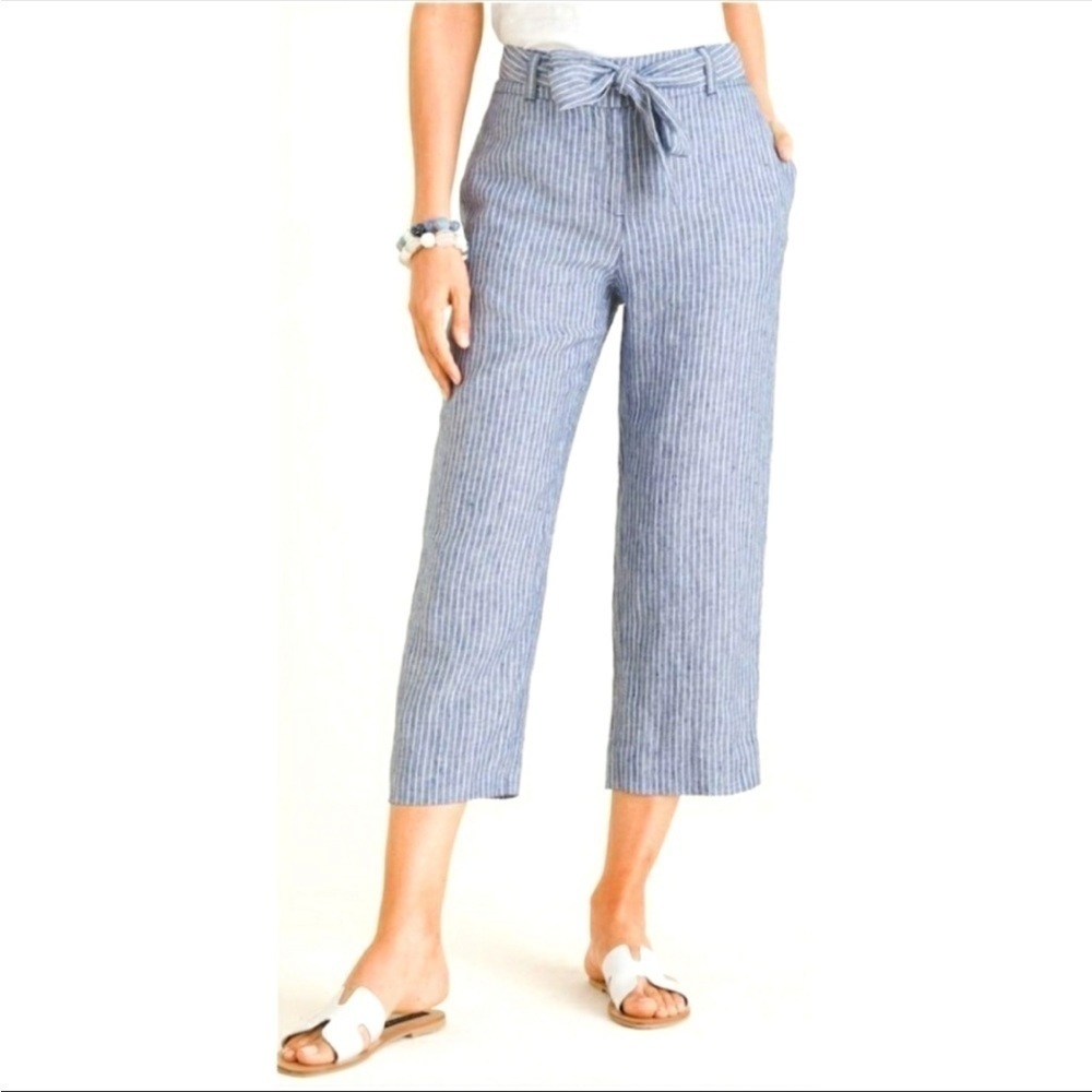 Chico’s Blue Linen Striped Wide Leg Pants